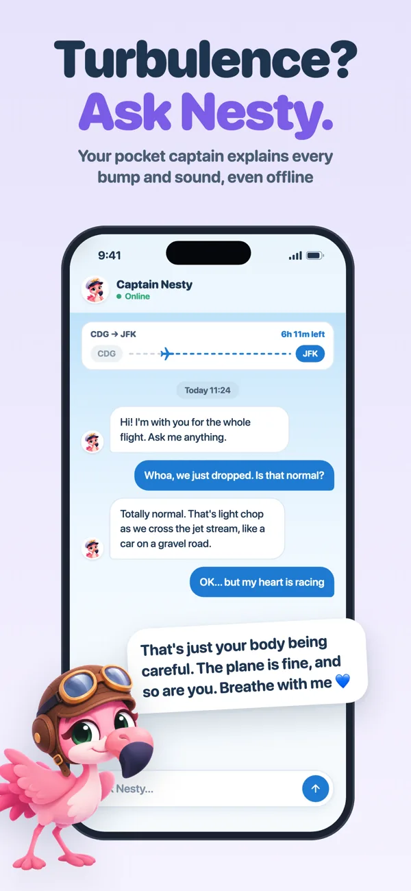 Chat with Nesty, the FlyNest pocket captain, explaining a sound during the flight