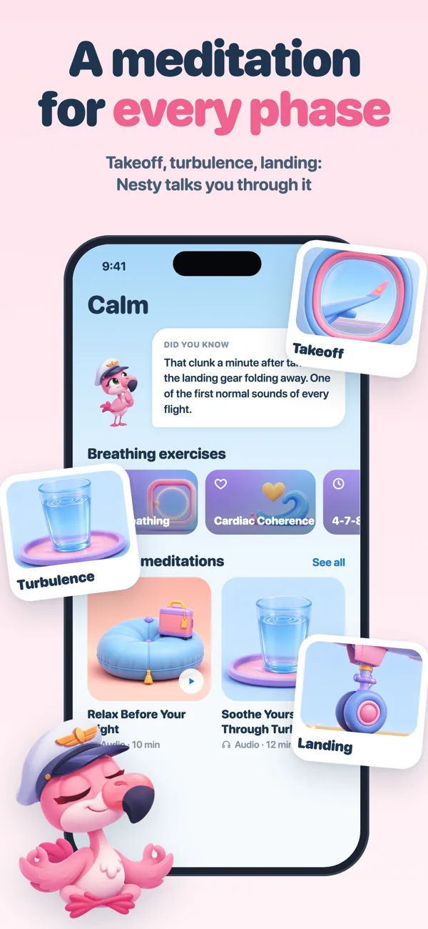 FlyNest list of guided meditations for takeoff, turbulence and landing